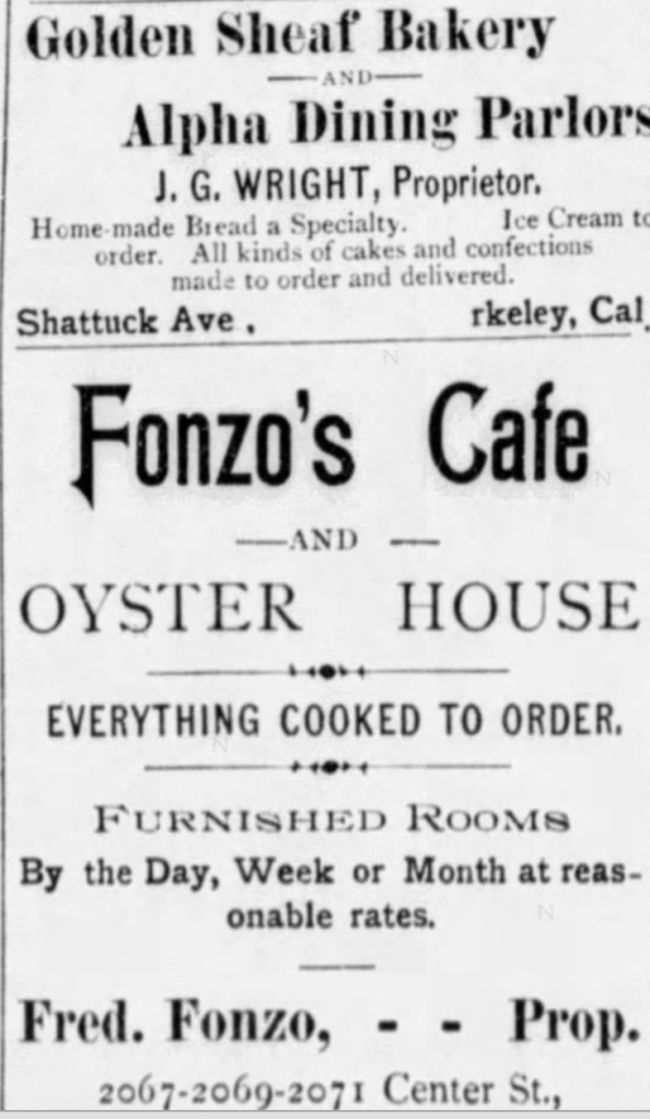 Ads for Golden Sheaf Bakery and Fonzo's Cafe 1894