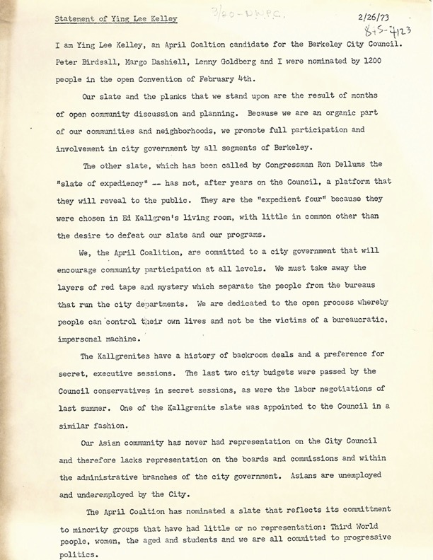 1973 campaign letter from Ying Lee Kelley explaining her platform
